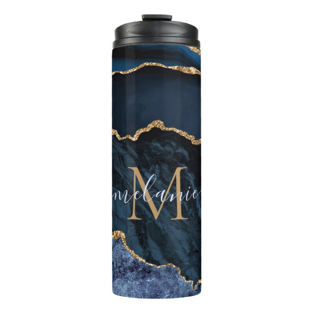 Bouteilles Isothermes Nom du monogramme Agate Marine Bleu Gold Gemstone  (Devant)