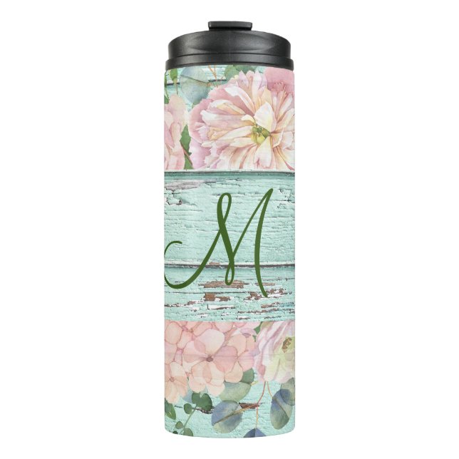 Bouteilles Isothermes Nom du monogramme en bois vieilli avec Hydrangea B (Devant)