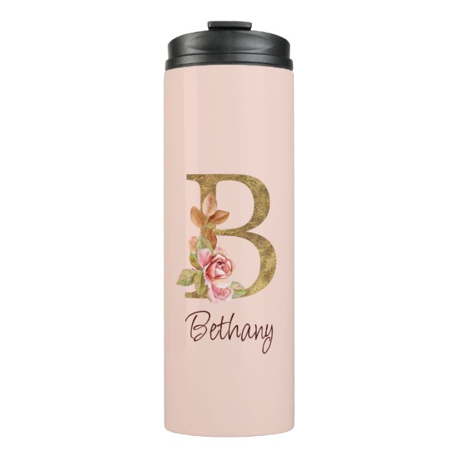 Bouteilles Isothermes Nom personnalisé Gold Foil Blush rose Roses Lettre (Devant)