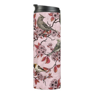 Bouteilles Isothermes Oiseaux et fleurs de cerisier sur fond rose saumon
