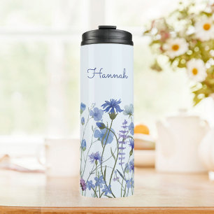 Bouteilles Isothermes Ombre de Fleur sauvage d'aquarelle bleu monogramme