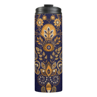 Bouteilles Isothermes Or et bleu, motif sans couture fleurie.