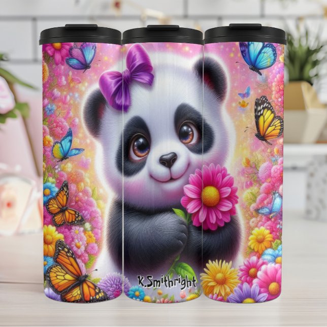 Bouteilles Isothermes Panda adorable avec une Fleur Lumineuse (Créateur téléchargé)