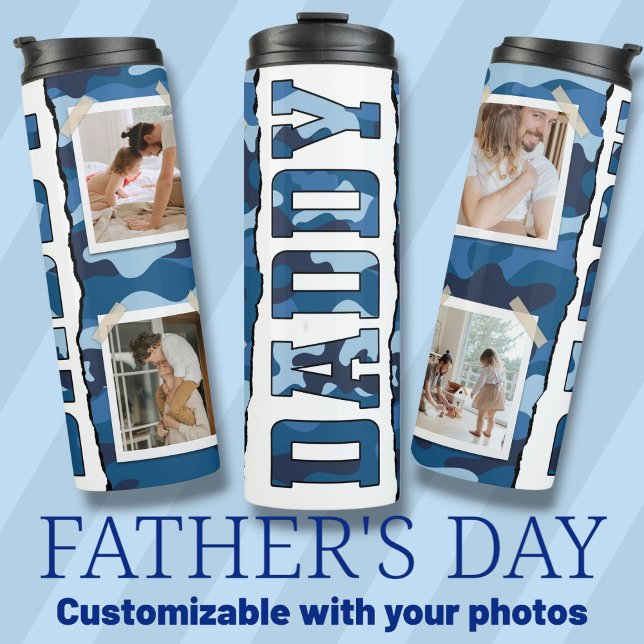 Bouteilles Isothermes Papa Fête des pères photos personnalisées bleu (Daddy Father's Day custom photos blue Thermal Tumbler)