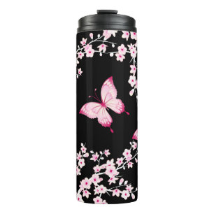 Bouteilles Isothermes Papillon Noir Rose Et Fleurs De Cerisiers 