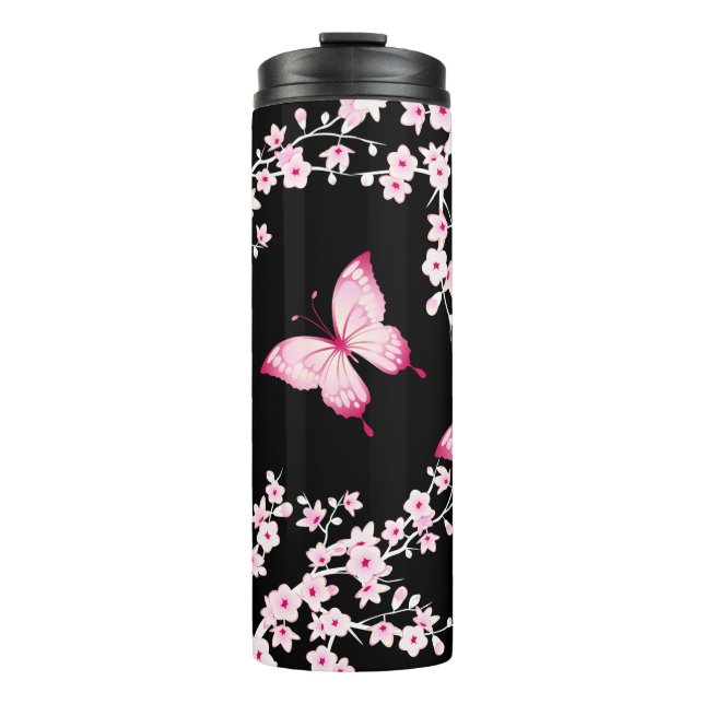 Bouteilles Isothermes Papillon Noir Rose Et Fleurs De Cerisiers  (Devant)