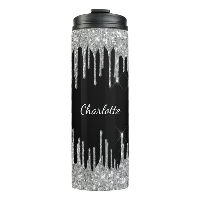Bouteilles Isothermes Parties scintillant argent noir goutte nom monogra (Devant)