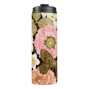 Bouteilles Isothermes Peonies Roses vintages : Motif Floral Noir