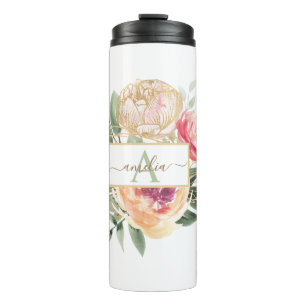 Bouteilles Isothermes Peony and Gold Flowers Nom du monogramme