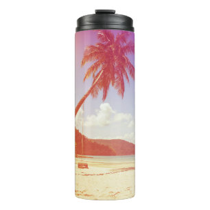 Bouteilles Isothermes Plage, cocotier, lit en bois.
