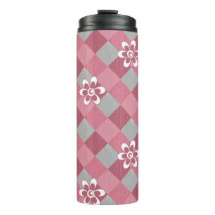 Bouteilles Isothermes Plaid gris et rose avec fleurs camomilaires