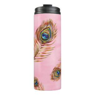 Bouteilles Isothermes Plumes de paon or, motif aquarelle sans couture