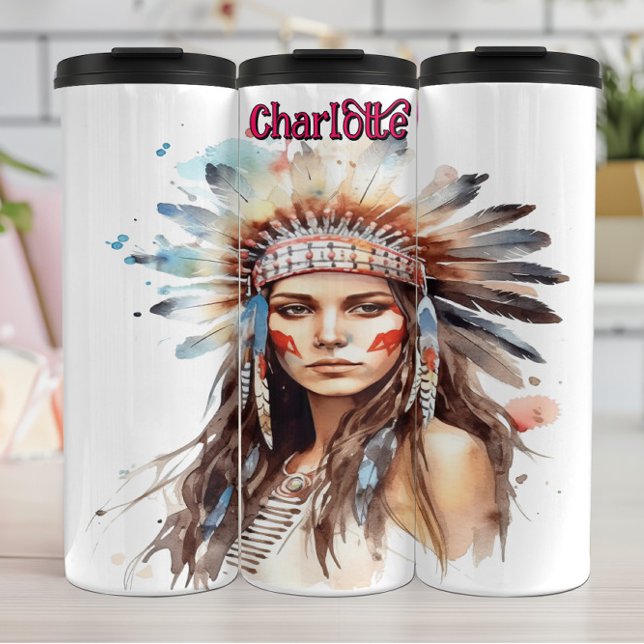 Bouteilles Isothermes Portrait d'aquarelle Coiffure amérindienne (Créateur téléchargé)