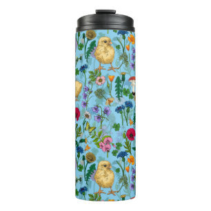 Bouteilles Isothermes Poulets et fleurs sauvages sur le bleu bébé
