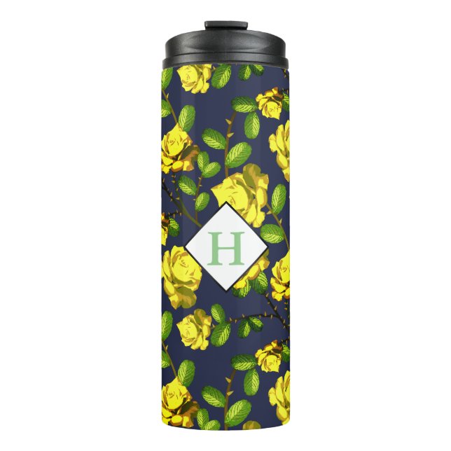 Bouteilles Isothermes Ressort jaune Roses et marine avec initial (Devant)