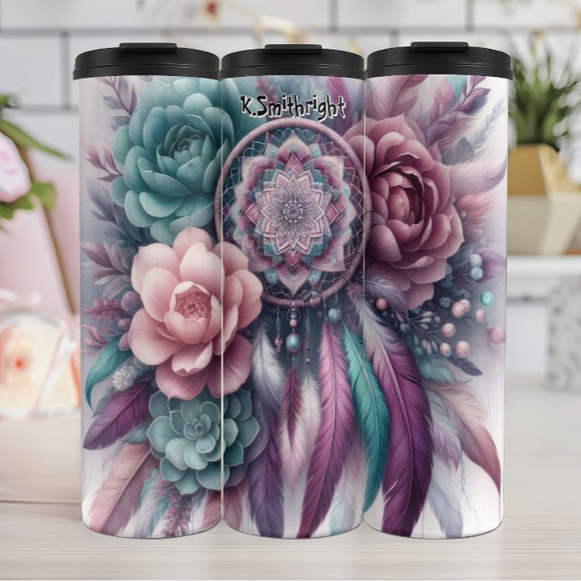 Bouteilles Isothermes Rêveuse florale avec plumes Turquoises et violette (Créateur téléchargé)