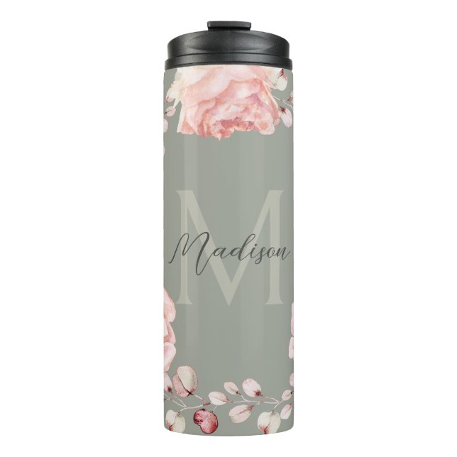 Bouteilles Isothermes Rose d'aquarelle Wreath personnalisée | Vert sage (Devant)