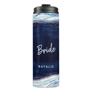 Bouteilles Isothermes Rose Gold Bleu Saphir Géode Mariée Personnalisée