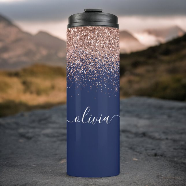 Bouteilles Isothermes Rose Gold Paillet Blush Rose Monogram Bleu Marine (Créateur téléchargé)