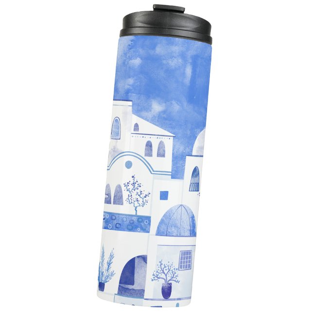 Bouteilles Isothermes Santorin Grec Ile Aquarelle Townscape (Blue and white Oia Santorini watercolor thermal tumbler water bottle)