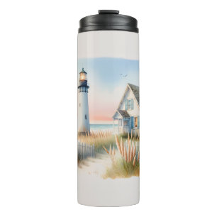 Bouteilles Isothermes Scène aquarelle d'un phare et d'un cottage au bord