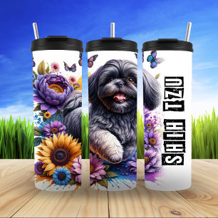 Bouteilles Isothermes Shih Tzu au milieu de la plendor florale