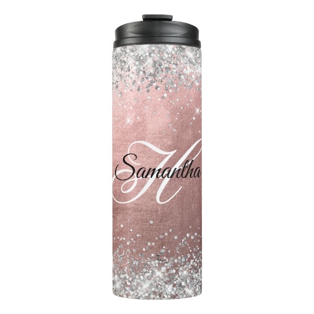 Bouteilles Isothermes Silver Glittery Rose Gold Foil Fancy Monogramme (Devant)