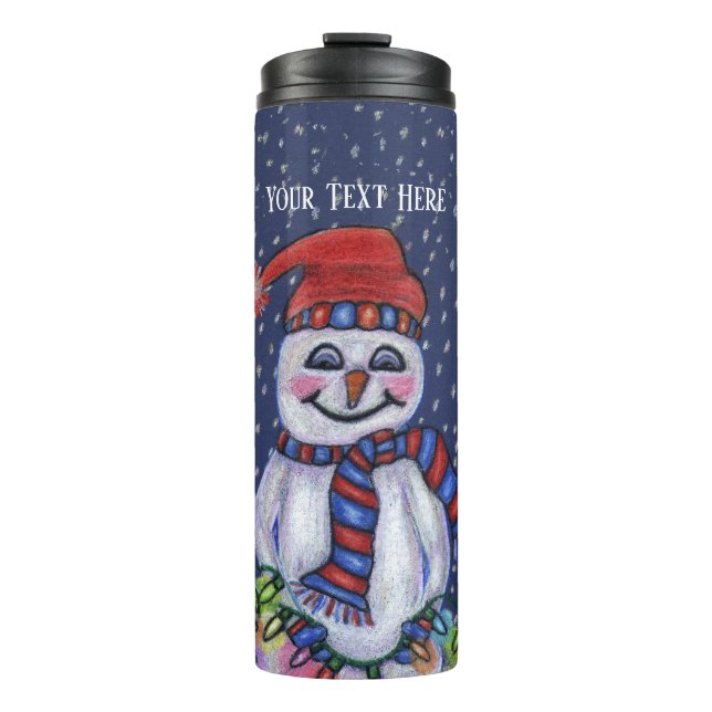 Bouteilles Isothermes Souriant Snowman Casquette Écharpe String lumières (Devant)