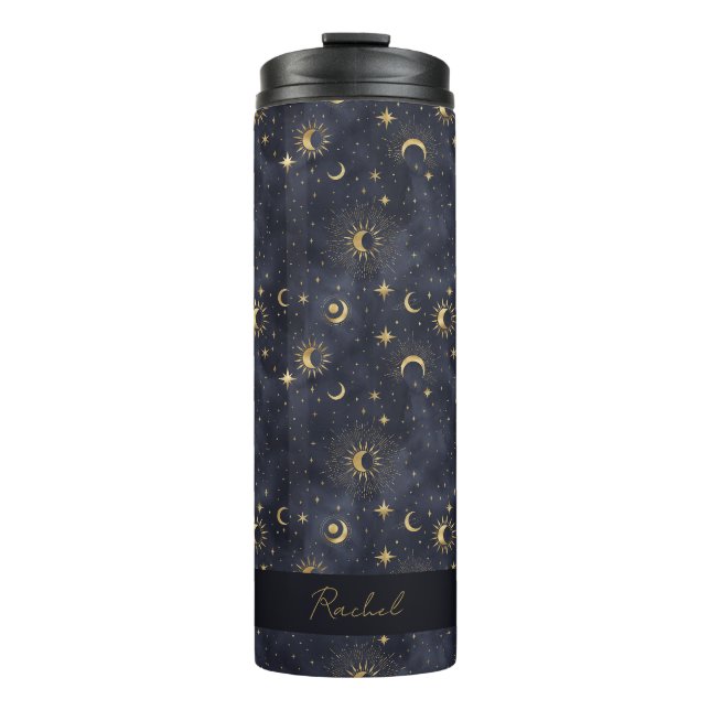 Bouteilles Isothermes Stars de lune céleste Monogramme bleu et or Nom (Devant)