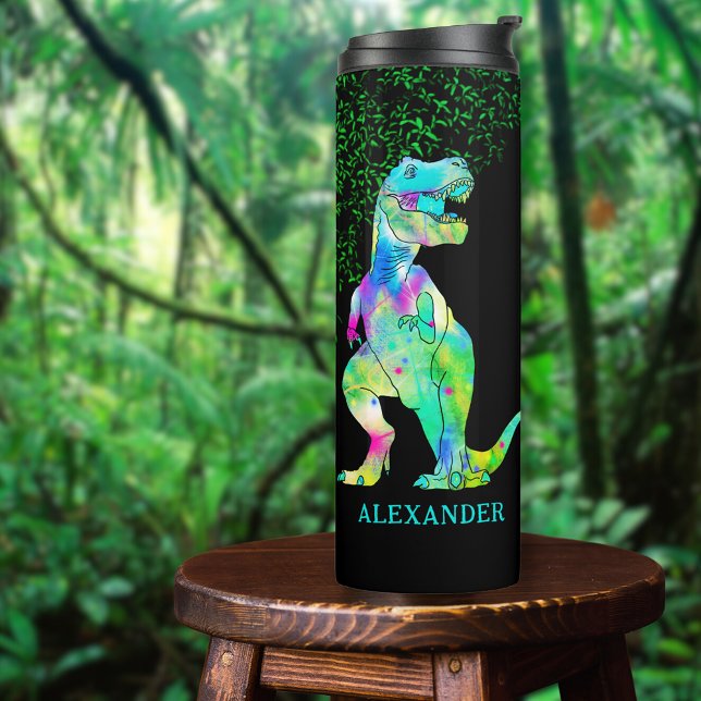 Bouteilles Isothermes T-Rex Dinosaur Ajouter un nom (Colorful T-Rex dinosaur custom name thermal tumbler with Jurassic jungle foliage )