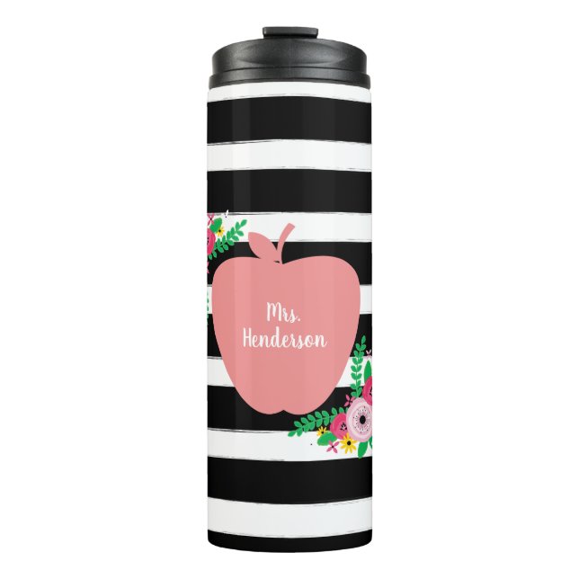 Bouteilles Isothermes Teacher Pink Apple Black + White Strip Floral (Devant)