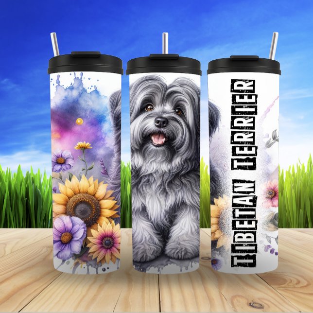 Bouteilles Isothermes Terrier tibétain avec fond floral (Créateur téléchargé)