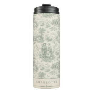 Bouteilles Isothermes Toile de Jouy française personnalisée en vert saug