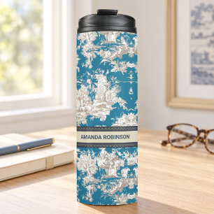 Bouteilles Isothermes Toile de Jouy monogramme bleu turquoise vintage