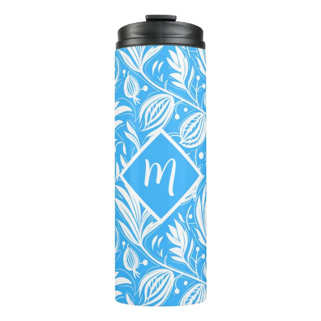 Bouteilles Isothermes Tropical Blue Floral Pattern Diamond Monogramme (Devant)