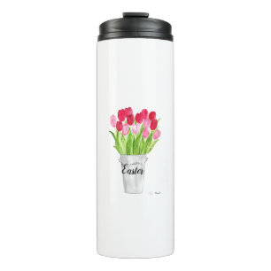 Bouteilles Isothermes Tulipes Aquarelle Floral Joyeux Pâques rose élégan