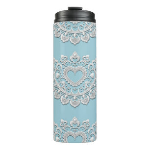 Bouteilles Isothermes Turquoise Bleu Blanc dentelle Coeur Mariage
