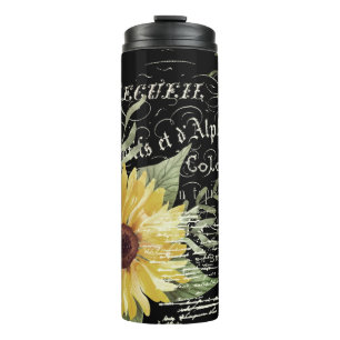 Bouteilles Isothermes Typographie vintage et tournesols sur noir