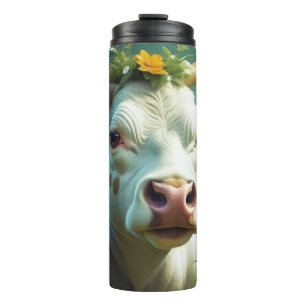 Bouteilles Isothermes Vache Ai blanche mignonne avec cornes et fleurs