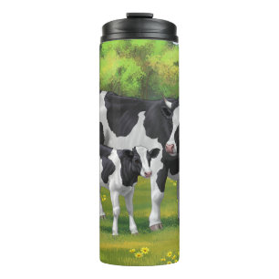 Bouteilles Isothermes Vache Holstein et veau mignon en pâturage d'été