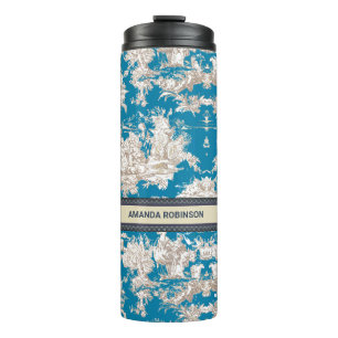 Bouteilles Isothermes Vintage bleu turquoise toile de jouy monogramme