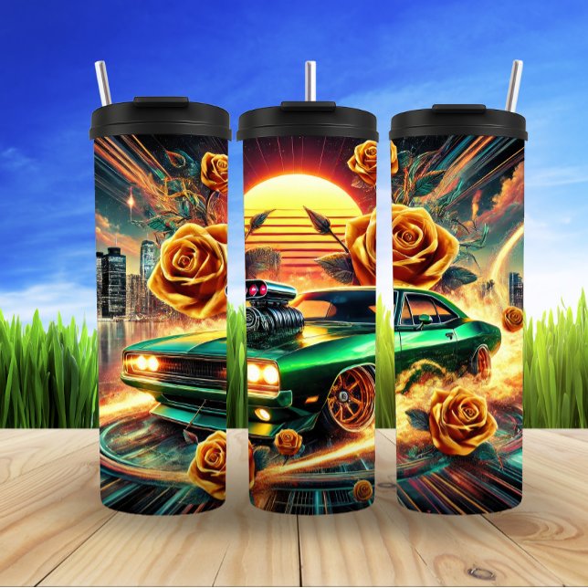 Bouteilles Isothermes Voiture Muscle d'inspiration rétro avec art floral (Créateur téléchargé)