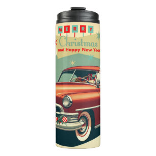 Bouteilles Isothermes Voiture rouge vintage & Père Noël