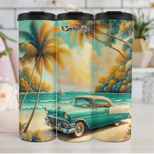 Bouteilles Isothermes Voiture turquoise et blanche classique sur une pla