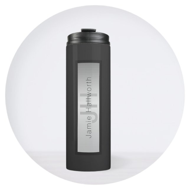 Bouteilles Isothermes Votre nom et votre monogramme | Gris & Faux Silver (Créateur téléchargé)