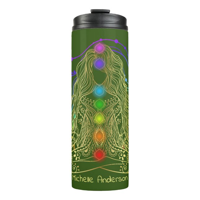 Bouteilles Isothermes Yoga d'or fille avec Chakra coloré Voyage Mug (Devant)