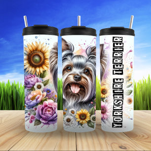 Bouteilles Isothermes Yorkshire Terrier avec des tournesols et des fleur