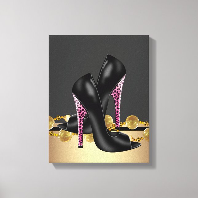 Boutique Black and Pink Leopard High Heel Shoes Canvas Print (Front)