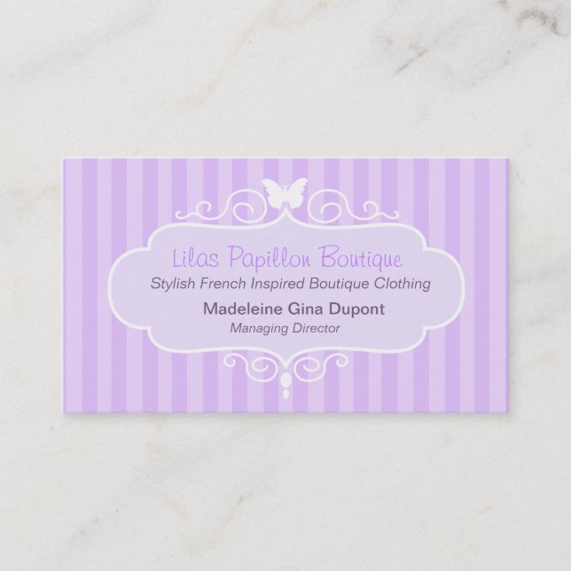 Boutique chic violet rayé carte de visite (Devant)
