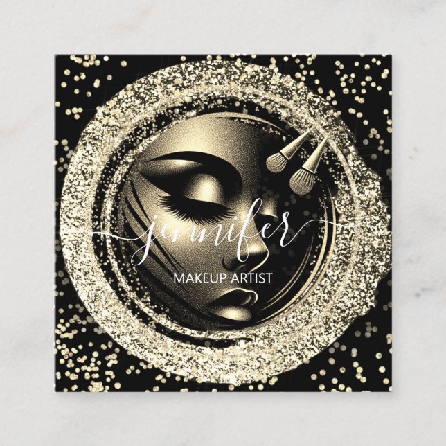 Boutique Glitter Effect Frame Makeup Artist Logo Square Business Card (Front)